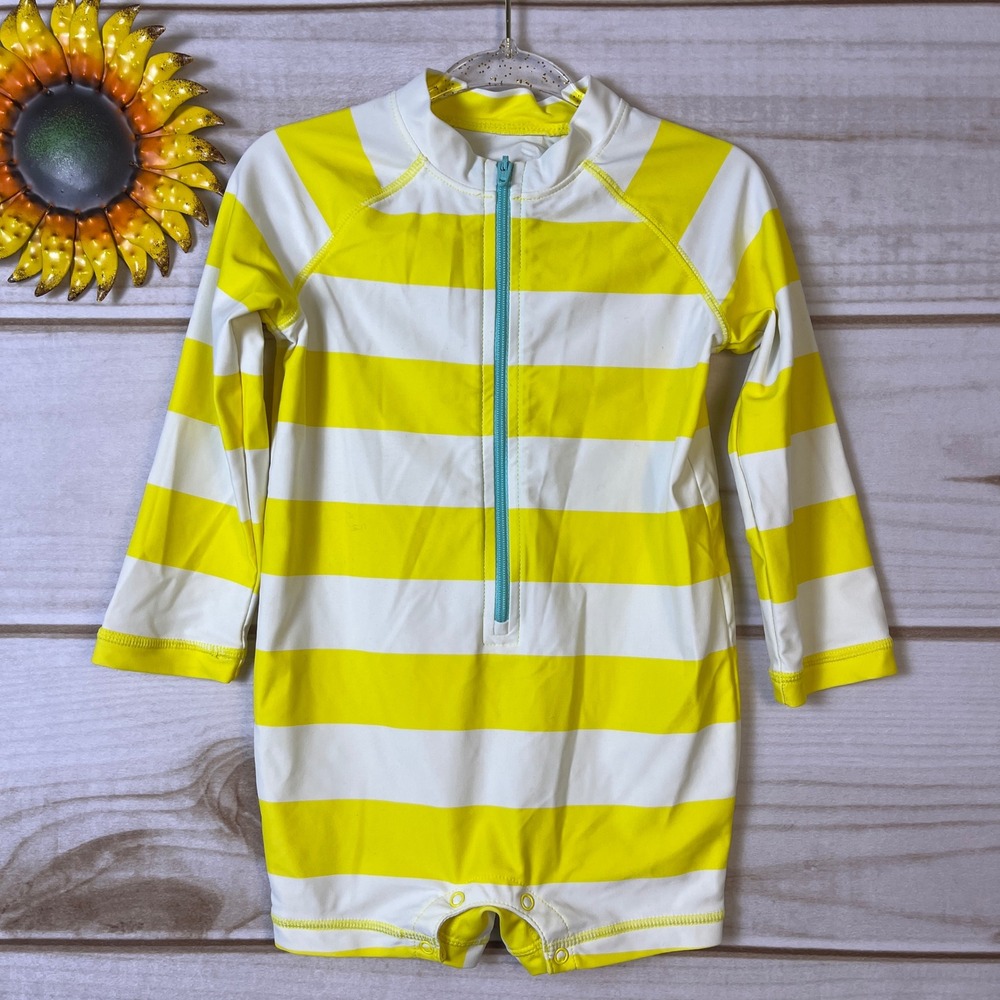 Primary Kids Yellow White Striped Long Sleeve Rash Guard Swimsuit 18-24 Months